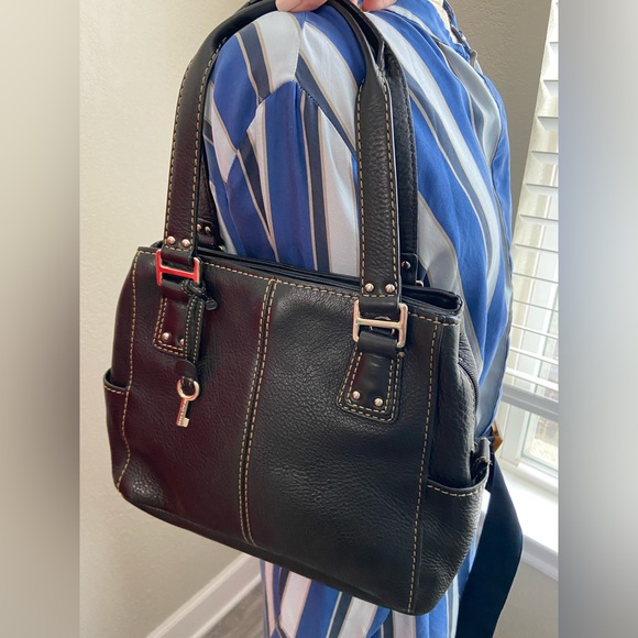 Fossil Black Leather Double Handles Shoulder Handbag Purse Silver Tone Hardware - Picture 2 of 16